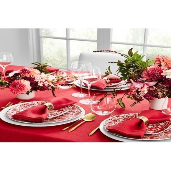 Williams Sonoma Red 100% Linen Hemstitch Rectangle Tablecloth 4 Napkins 70x90" - Picture 3 of 9